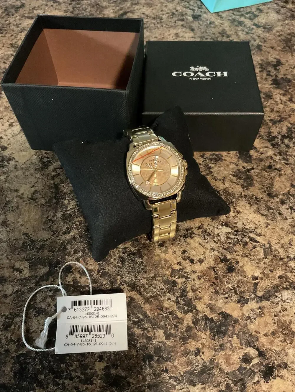 COACH Boyfriend Gold Tone Watch 14503141 Crystal Bezel Signature C Dial + Box